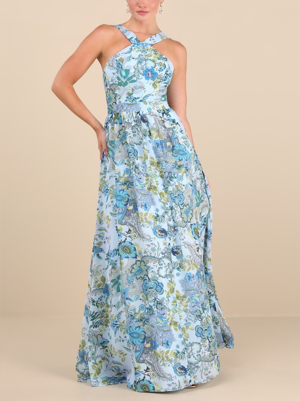 Lulus Lilja Light Blue Floral Print Maxi Dress NWT